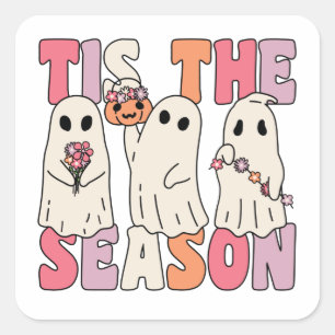 Tis The Season Groovy Ghost With Vintage Flowers S Square Sticker