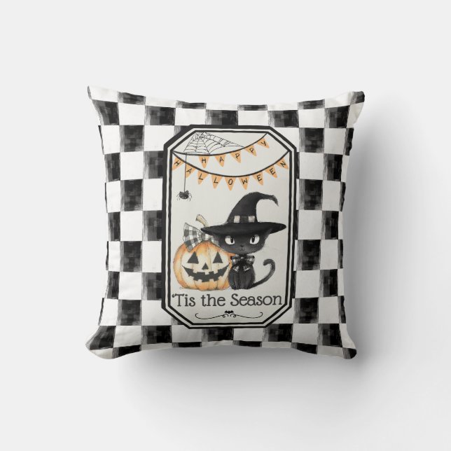 "Tis The Season Happy Halloween Chequerboard Throw Pillow (Front)