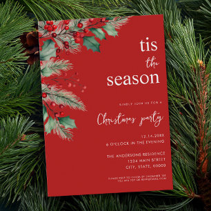 Tis The Season Modern Red Floral Christmas Party Invitation