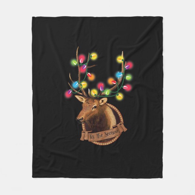 Tis The Season Mounted Reindeer With Christmas Lig Fleece Blanket (Front)