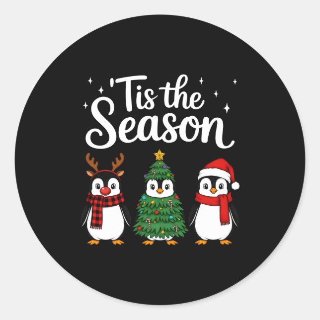 Tis The Season Penguin Christmas Santa Long Sleeve Classic Round Sticker (Front)