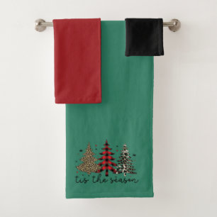 "Tis the Season" Plaid Leopard Christmas Trees Bath Towel Set