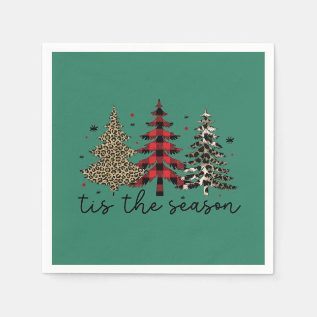 "Tis the Season" Plaid Leopard Christmas Trees Napkin (Front)