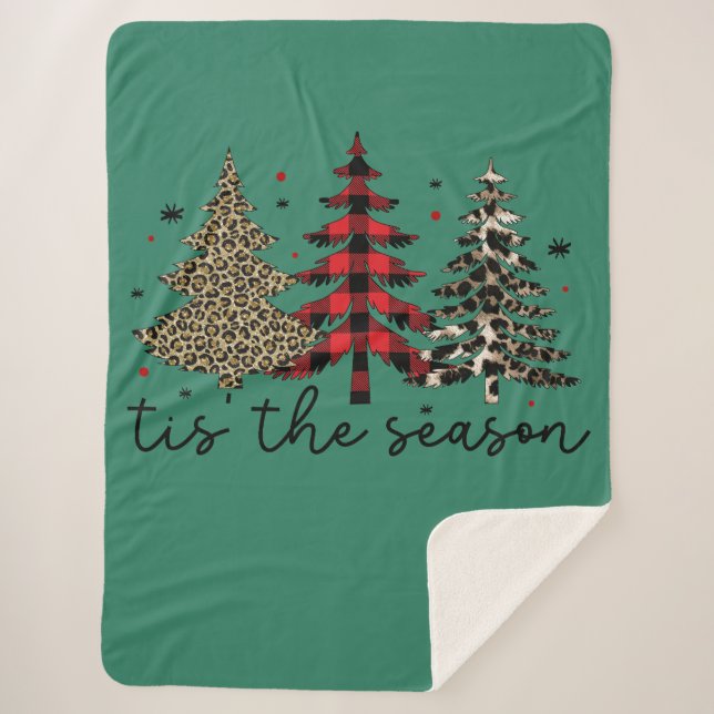 "Tis the Season" Plaid Leopard Christmas Trees Sherpa Blanket (Front)