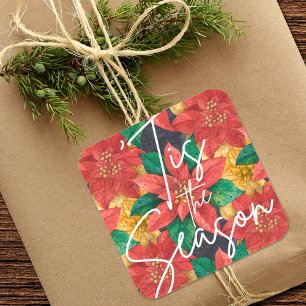 Tis the Season Poinsettia Christmas Holiday Square Sticker