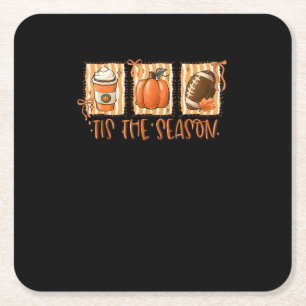 Tis The Season Pumpkin American Football Thanksgiv Square Paper Coaster