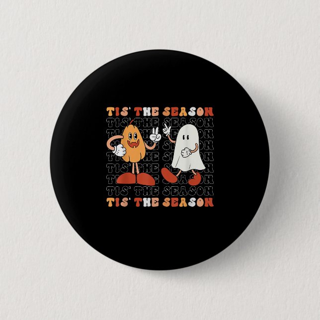 Tis The Season Pumpkin Boo 70s Halloween Costume 2 Inch Round Button (Front)