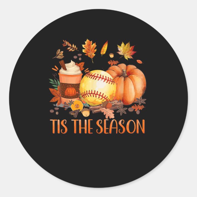Tis The Season Pumpkin Leaf Latte Fall Softball Classic Round Sticker (Front)