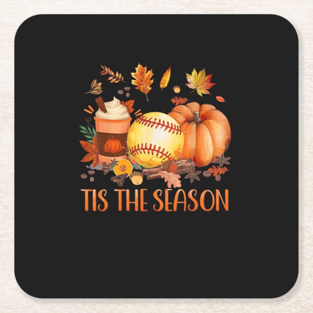 Tis The Season Pumpkin Leaf Latte Fall Softball Square Paper Coaster (Front)