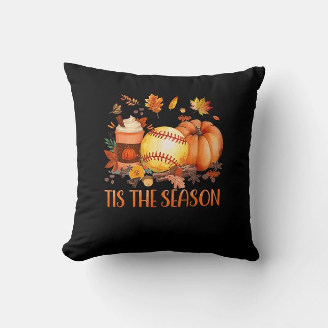 Tis The Season Pumpkin Leaf Latte Fall Softball Throw Pillow (Front)