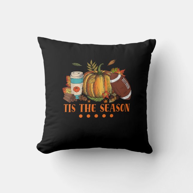 Tis The Season Pumpkin Leaf Latte Fall Thanksgivin Throw Pillow (Front)