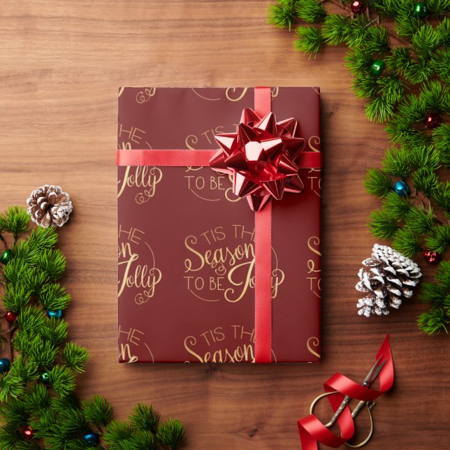 ‘‘Tis the Season” Red Gold Script Holiday Wrapping Paper (Holiday Gift)