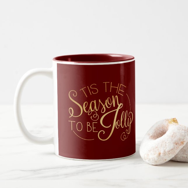 ‘‘Tis the Season” Red  Gold Two-Tone Coffee Mug (With Donut)
