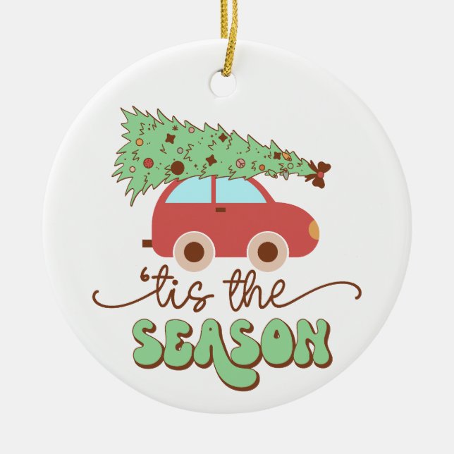 Tis The Season Retro Groovy Christmas Photo Ceramic Ornament (Front)