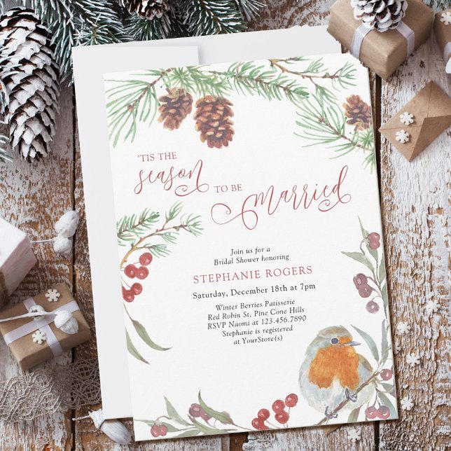 Tis The Season Robin Winter Berries Bridal Shower Invitation (Creator Uploaded)