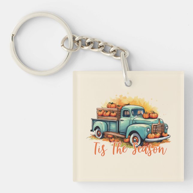 'Tis The Season – Rustic Truck with Pumpkins Keychain (Front)