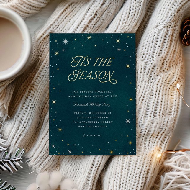 'Tis the Season Shiny Stars Christmas Party ("Tis the season" Christmas party invitation with starry night sky)