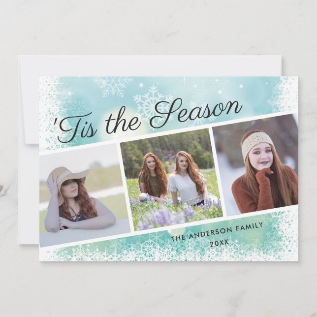 Tis the Season Snowflake 3 Photo Christmas Holiday Card (Front)