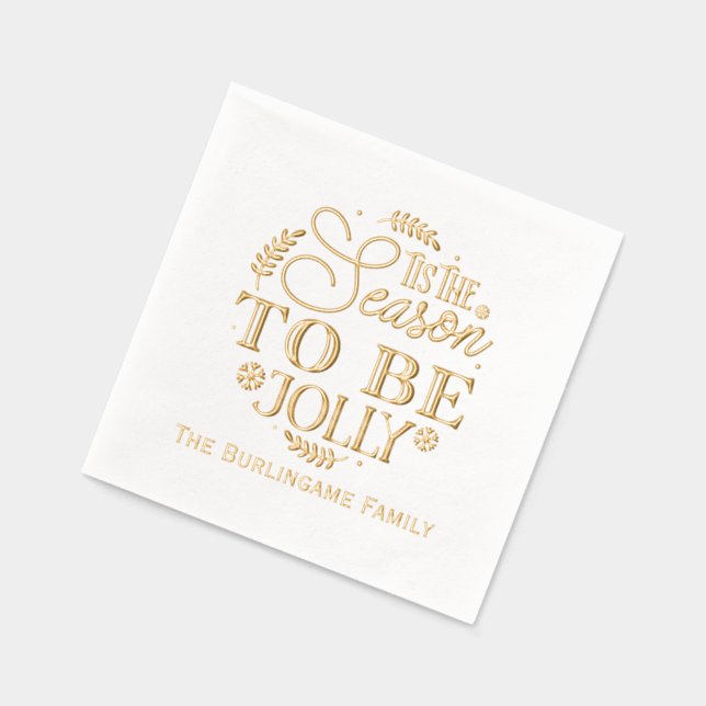 “Tis the Season to be Jolly” Family Name Foil Napkins (Left)