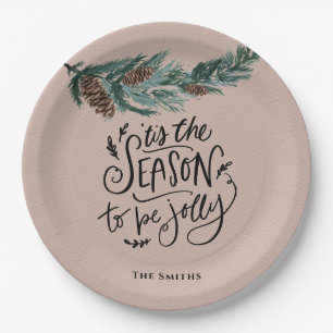 Tis The Season To Be Jolly Watercolor Pine Cone Paper Plate