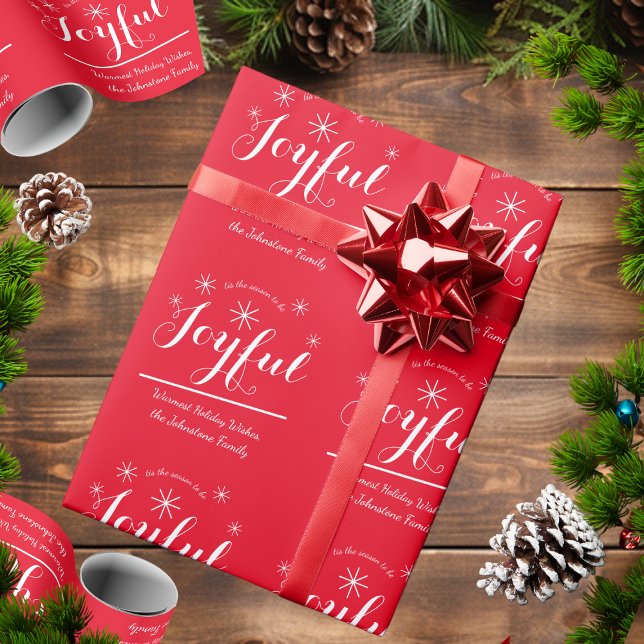 "tis the season to be Joyful" Red Christmas Gift Wrapping Paper (Wrap things up with this cheerful and elegant red "Joyful" gift wrap.)
