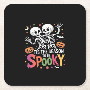 Tis The Season To Be Spooky Dancing Skeleton Hallo Square Paper Coaster