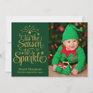 Tis The Season to Sparkle Green Gold Photo Holiday Card