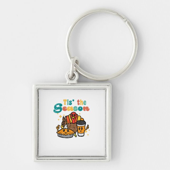Tis The Season Turkey Coffee Retro Thanksgiving Fa Keychain (Front)