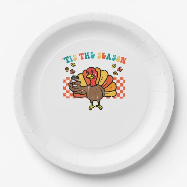Tis The Season Turkey Coffee Thanksgiving Fall Men Paper Plate (Front)