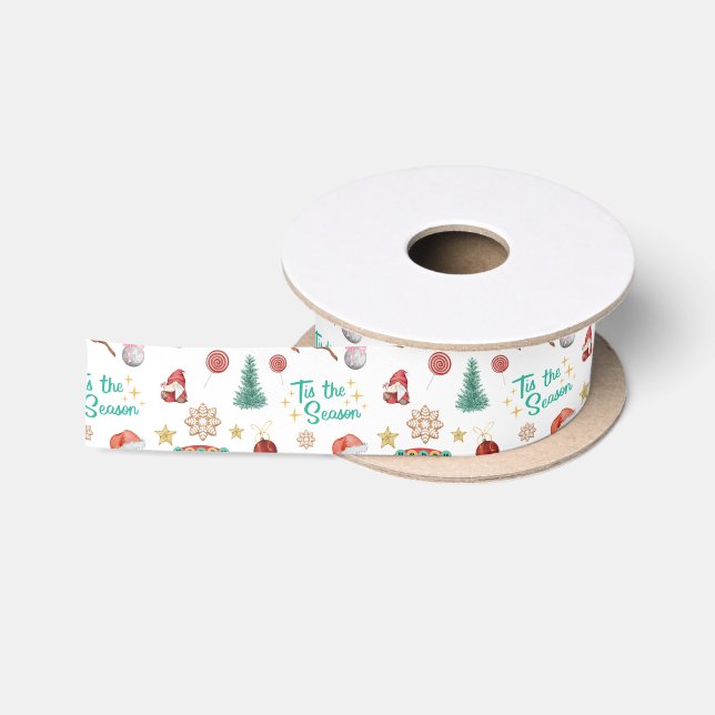 tis the season, watercolor christmas fun pattern satin ribbon (Spool)