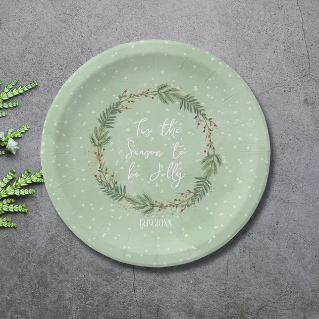 'Tis the Season Watercolor Wreath Christmas Plate ('Tis the Season Wreath Christmas Paper Plates)