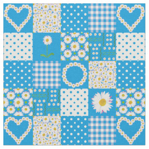 Tissu à chaînes de marguerites patchwork faux bleu