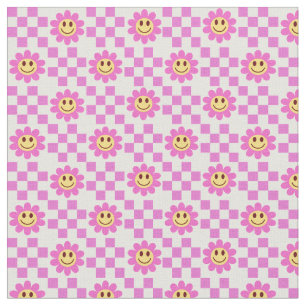 Tissu à damiers Fleurs souriantes roses chaudes avec car