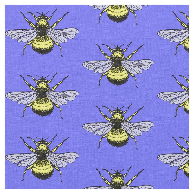 Tissu Abeille d'or sur arrière - plan bleu. Joli motif (Fermer)