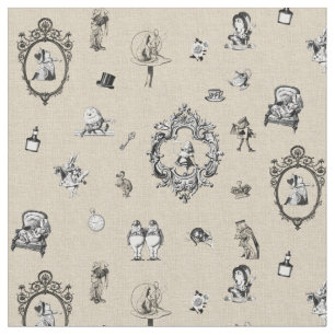 Tissu Alice au pays des merveilles, noir et blanc sur to