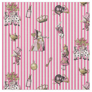 Tissu Alice au pays des merveilles sur rayures roses et 