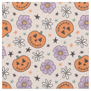 Tissu Amusants Citrouilles d'Halloween et Fleurs Motif