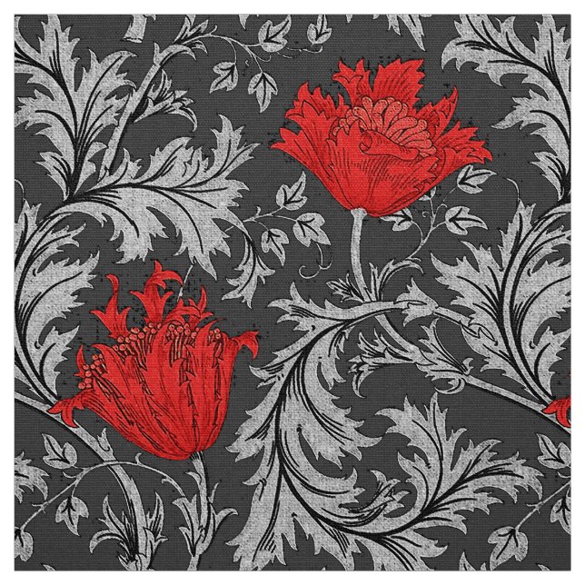 Tissu Anémone de William Morris, gris/gris et rouge (Échantillon)