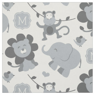 Tissu Animaux de la jungle gris mignons bébé monogramme