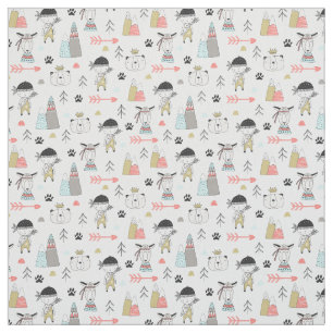 Tissu Animaux mignons de région boisée et motif indien