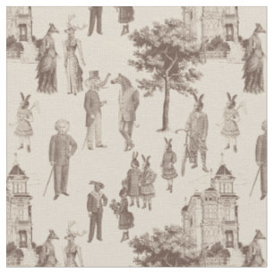 Tissu animaux victoriens anciens brun beige toile