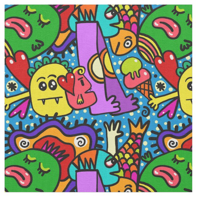 Tissu Anime design doodles faces smiles (Fermer)