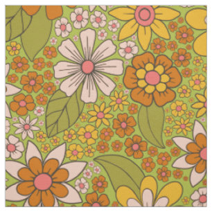 Tissu Années 1960, 1970 Vert & Orange Retro Floral