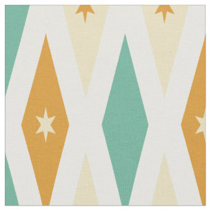 Tissu Aqua Blue Orange Cream Diamonds Etoiles Mid Centur