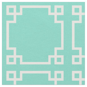 Tissu Aqua moderne et Motif à clé grecque blanche