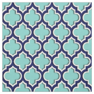 Tissu Aqua Turquoise, Navy Blue Moroccan Quatrefoil #5DS
