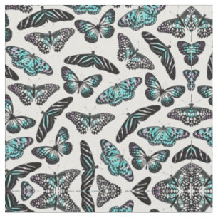 Tissu Aqua Turquoise Papillons noirs Motif aquarelle