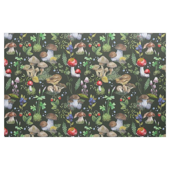 Tissu Aquarelle Forêt Champignons Verdure Berry Motif (Fat Quarter)