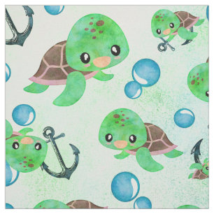 Tissu Aquarelle marine Tortue marine Ancres et bulles