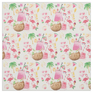 Tissu Aquarelle Plage Icônes Flamants roses Palmiers